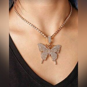 Gold Plated Stainless Steel Cubic Zirconia Butterfly Pendant Necklace